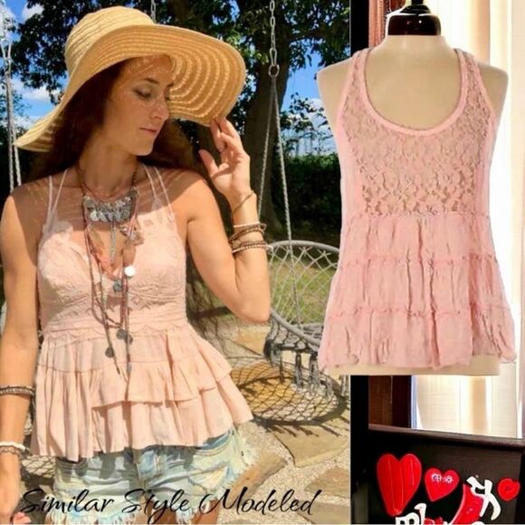 Hollister Top Pink Sheer Floral Lace Trim Sheer Tiered Racerback Tank Size XS - Picture 16 of 16